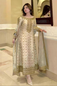 Luxury White and Gold Bridal-Style Embroidered Chiffon Suit |RTW