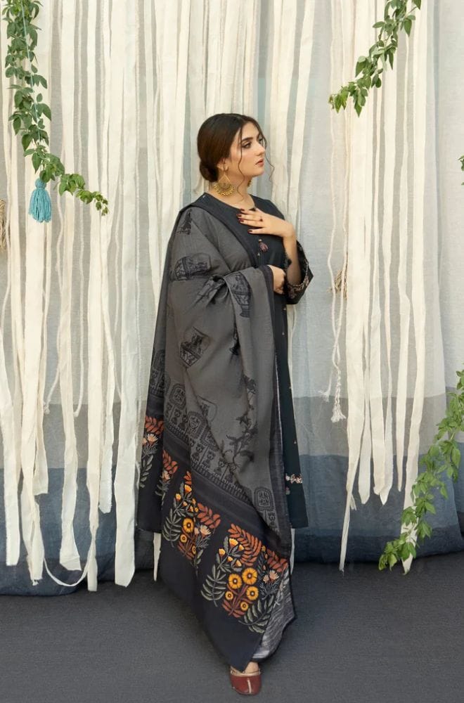 Elegant Charcoal Embroidered Lawn Suit with Digital Organza Dupatta |RTW