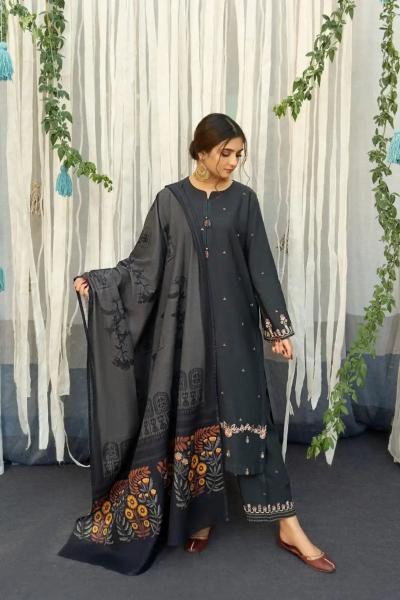 Elegant Charcoal Embroidered Lawn Suit with Digital Organza Dupatta |RTW